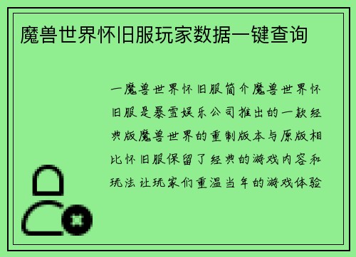 魔兽世界怀旧服玩家数据一键查询